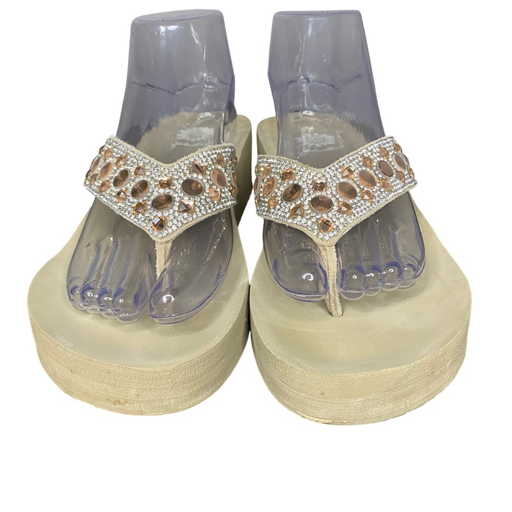 Yellow Box Tan Rhinestone Gem Embellished Wedge Platform Flip Flops Women Size 9 - Picture 6 of 12